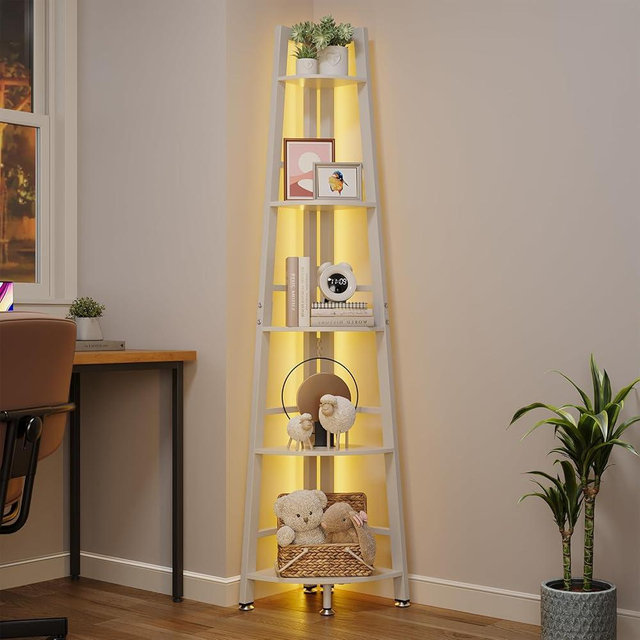 OtterOasis 5-Tier Corner Shelf with LED Light, 70 Inch Display Shelf for Living Room, Bedroom, Bookshelf, Industrial Shelf, Plant Shelf (White, Ladder Corner Shelf)