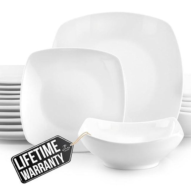 Zulay Kitchen Luna 18-Piece Porcelain Dinnerware Set - Chip and Scratch Resistant Plates and Bowls - Premium Quality Dishes Set for 6, White
