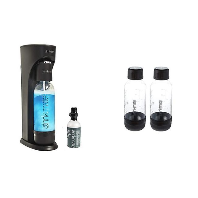 DrinkMate Soda Maker, Carbonates ANY Drink, with 3 oz CO2 Starter Cylinder - Matte Black & 0.5L Carbonating Bottles - Black (2 Pack)