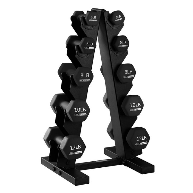 HolaHatha 3-12 lbs Rubber Encased Hexagon Non Slip Dumbbell Weight Set with Rack