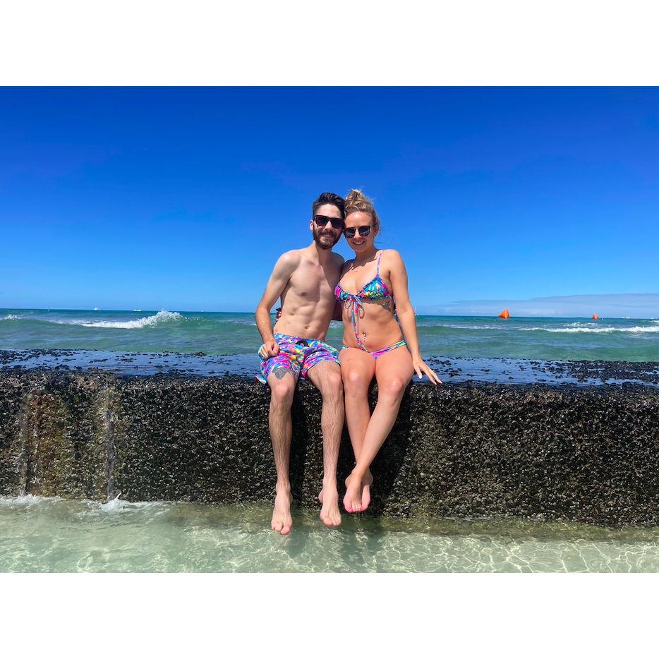 Matching swimsuits at the beach in Hawaii. May 12th, 2023