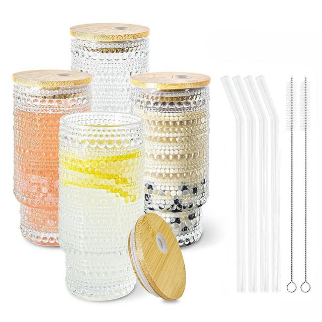 Icesip 4 Pcs 12 oz Drinking Glasses Cups Set with Bamboo Lids Straws Brush Hobnail Drinking Glassware Set for Juice Iced Coffee Beer Cocktail Whiskey