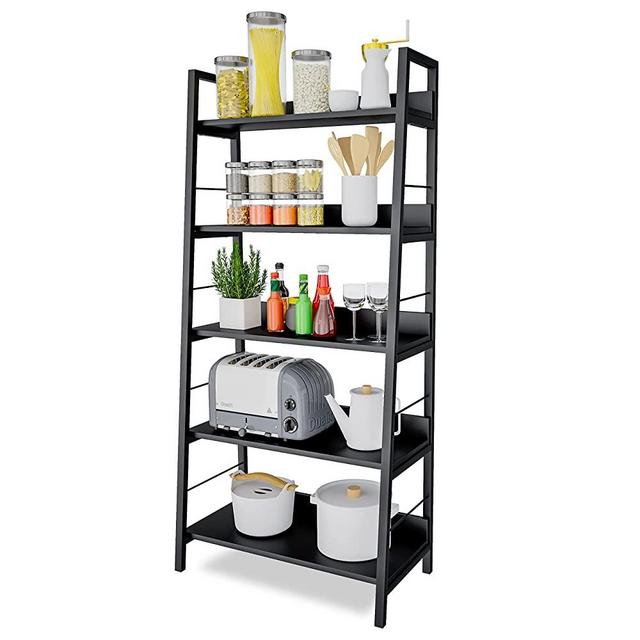 Himimi Industrial Ladder Shelf, 5-Tier Bookshelf, Storage Rack Shelves, Bathroom, Living Room, Wood Look Particle Board Furniture, Metal Frame, Classic Black