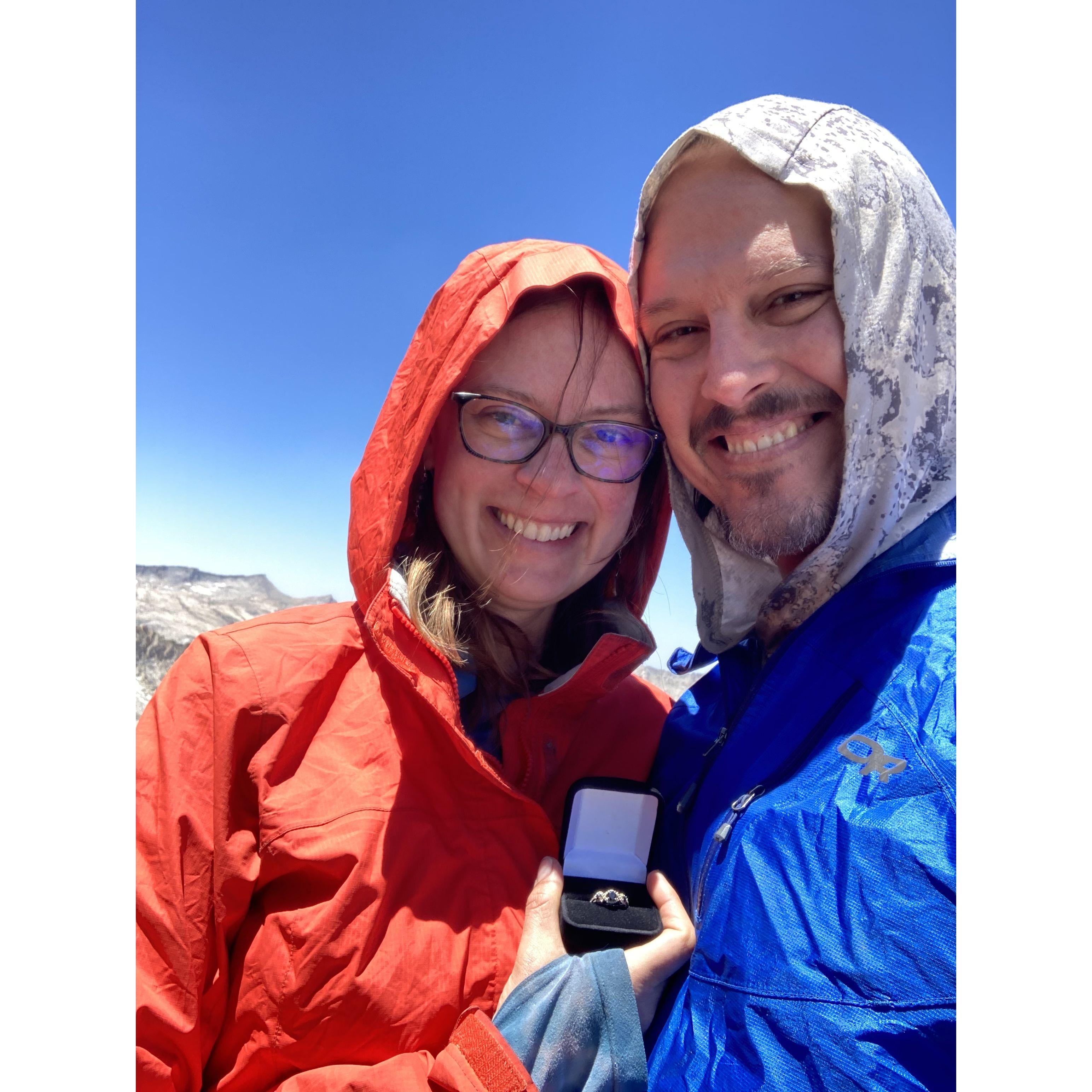 She said, "Yes!" at Colby Pass, 12,000 ft elevation in Sequoia National Park.
