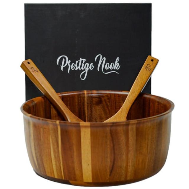 PRESTIGE NOOK Extra Large Wooden Salad Bowl - 12“ x 5” Acacia Wood Serving bowl with 2 servers, Large Fruit bowl for food with serving utensils, Housewarming Wedding Christmas Gift