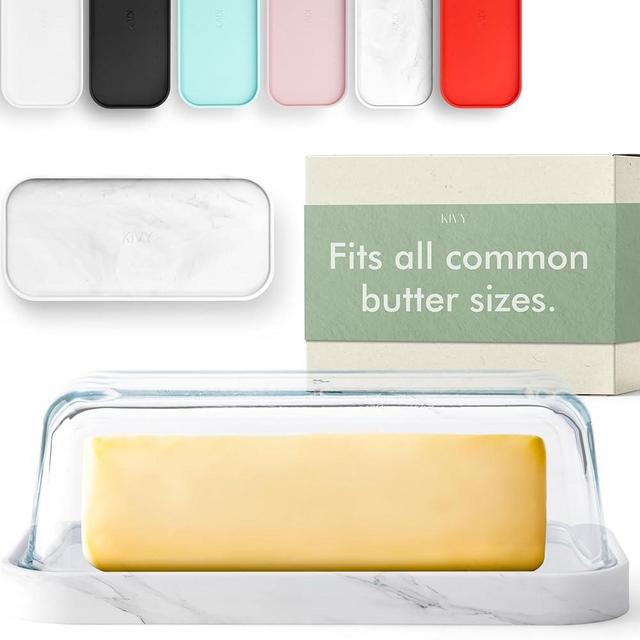 KIVY Glass butter dish with lid for countertop and refrigerator door shelf - Dishwasher safe clear glass butter dish with cover - Butter holder with plastic plate - Small butter container for counter
