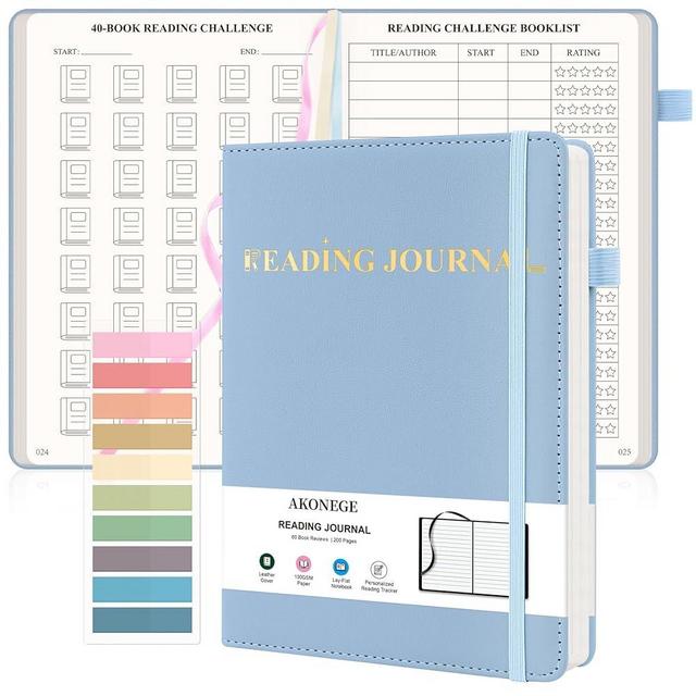 AKONEGE Reading Journal for Book Tracking - PU Leather Book Journal Reading Log with 80 Reviews for Readers, Accessories with Sticky Tabs, Pen Holder, Ribbon Bookmarks, 5.6" x 8.3", Light Blue