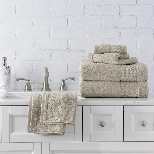 Welhome Hudson 100% Pure Organic Cotton Quality 6 Piece Luxury Bath Towel Set - Durable - High Absorbency - Hotel Spa Bathroom Towel - 651 GSM - 2 Bath - 2 Hand - 2 Wash Towels - Flax