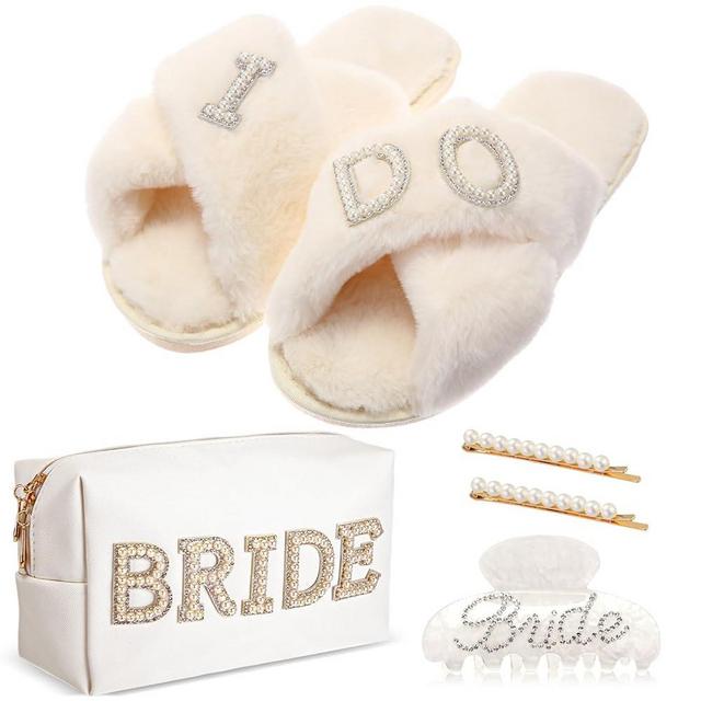 Shyyween 5 Pcs Bridal Gift Set Bride Makeup Bag I Do Bride Slippers Claw Hair Clip and Hairpins Accessories Wedding Engagement Gift Shower for Bridal Engagement Bachelorette Party