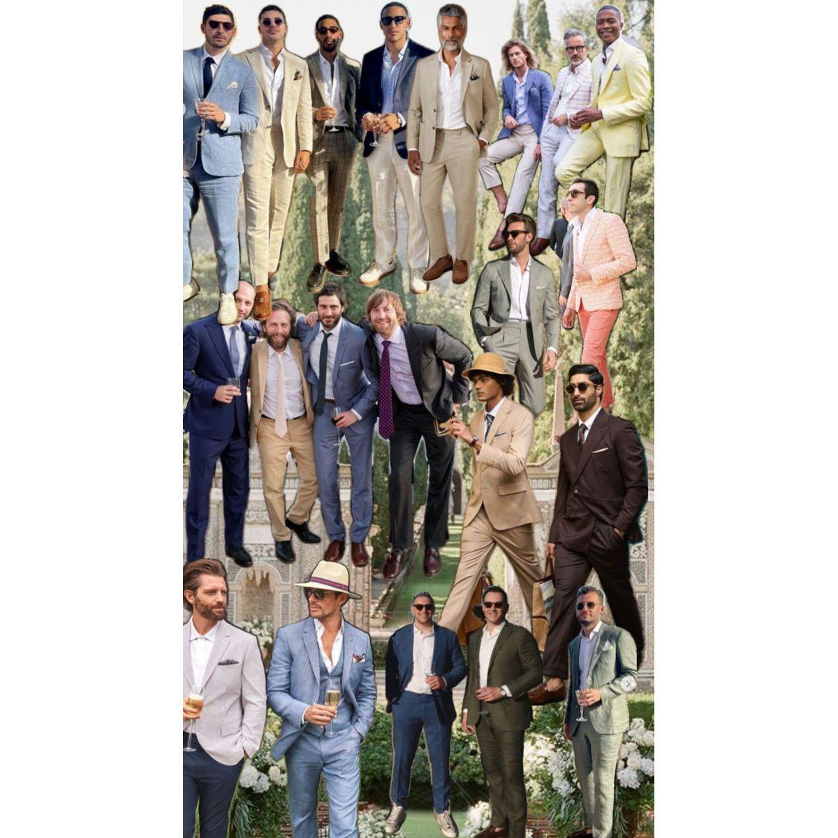 Men are encouraged to wear suits in light colors and breathable fabrics, perfect for an elegant garden celebration.