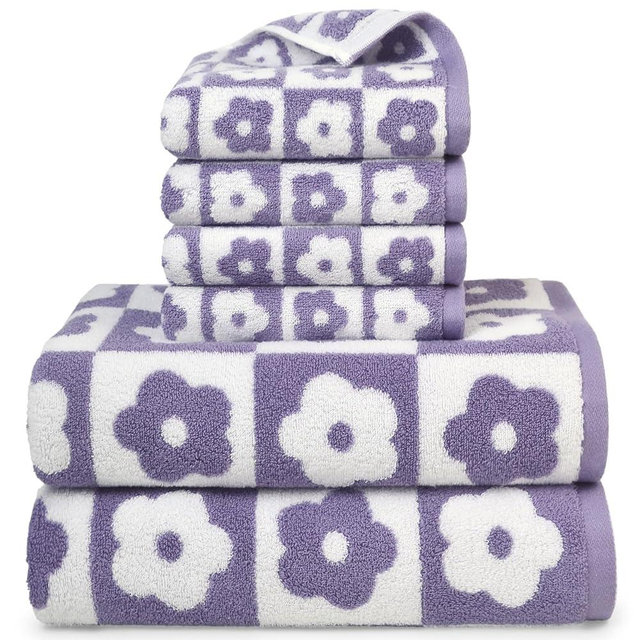 Jacquotha Bath Towels and Hand Towels Set of 6, Checkered Floral Towels for Bathroom, Cute Towels for Women Girls Mom Daughter Wife, Cotton