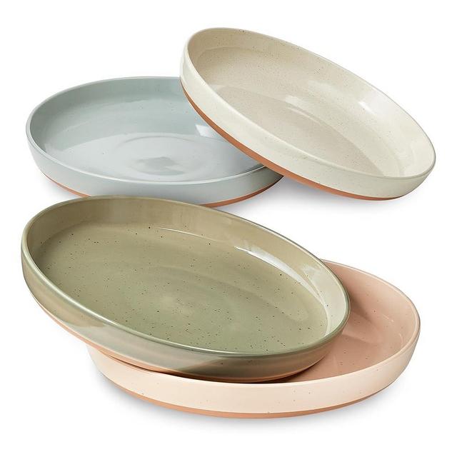 Sheffield Home Stoneware Flat Pasta Bowls, Set of 4 Stylish 35oz Bowls/Plates for Dinner, Salad, etc. Dishwasher, Microwave & Oven Safe. Durable for Everyday and Special Occasions - Assorted Neutrals