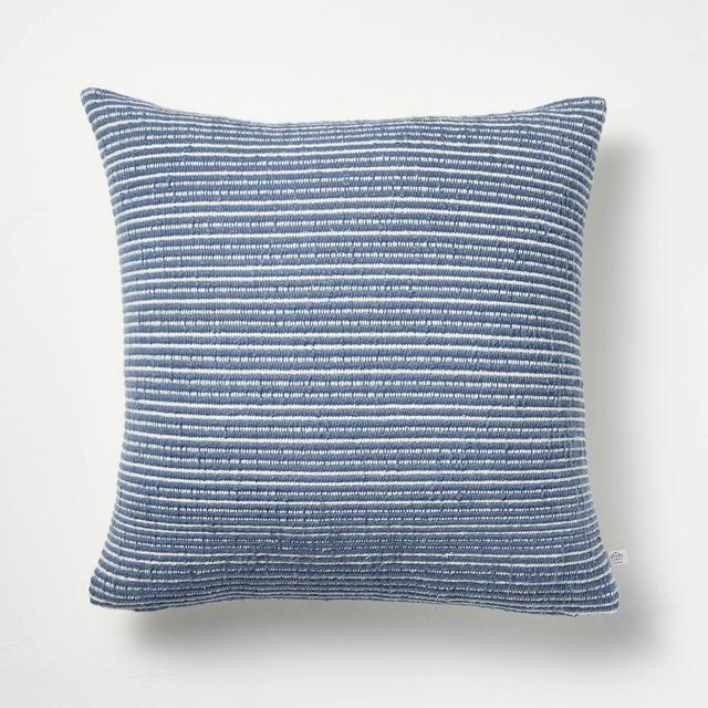 18"x18" Textured Narrow Stripes Square Throw Pillow Blue/Cream - Hearth & Hand™ with Magnolia
