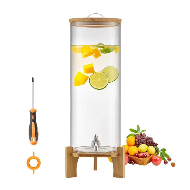 VEVOR Beverage Dispenser, 3.5 Gallon Drink Dispensers for Parties, Glass Juice Dispenser with Wood Stand, Stainless Steel Spigot, Iced Tea Lemonade Juice Water Dispensers for Parties