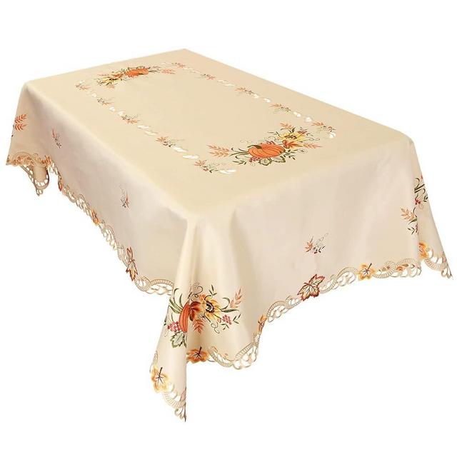 Simhomsen Large Embroidered Beige Fall Autumn Harvest Pumpkins Tablecloth for Thanksgiving (Rectangle 57×100 inches)