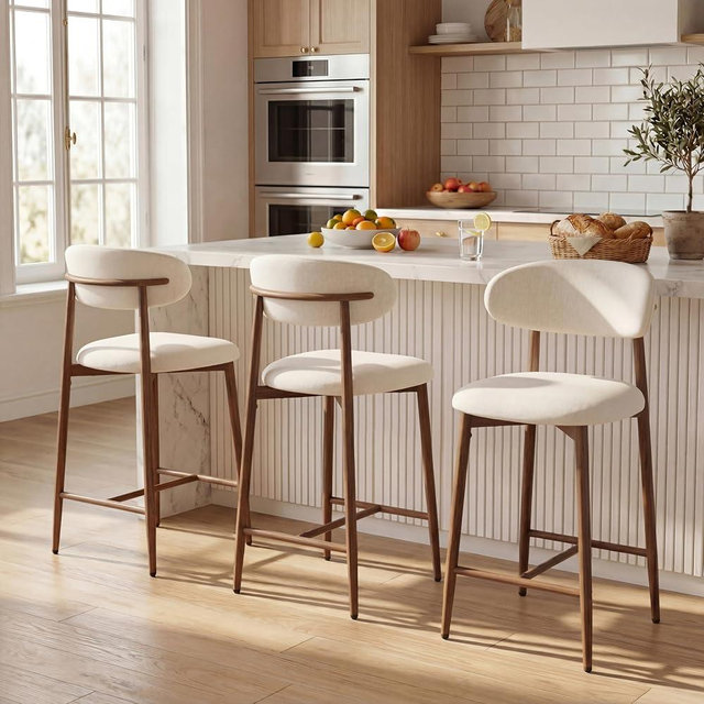 AQO Counter Height Bar Stools Set of 3, Upholstered Counter Stools Modern Barstools with Metal Legs for Kitchen Island Dining Room, Walnut