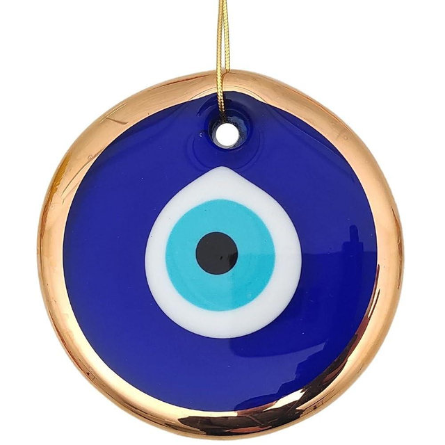 Erbulus 4.3" Glass Blue Evil Eye Wall Hanging Gold Ornament - Turkish Nazar Bead - Home Protection Charm - Wall Decor Amulet in a Box (Large)