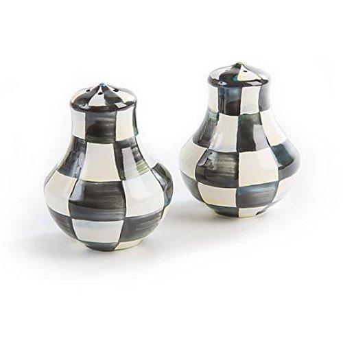 MacKenzie-Childs Salt and Pepper Shaker - Black and White, Enamel Courtly Check Print Set of 2 Mini Grinder 2.5" Diameter 3" Tall