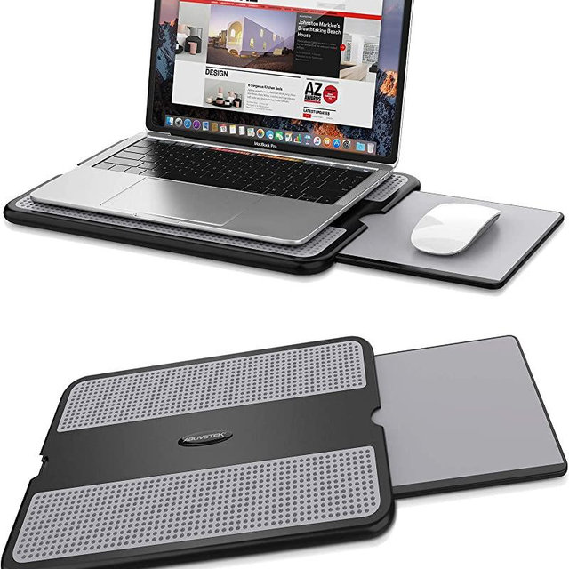 AboveTEK Portable Laptop Lap Desk w/Retractable Left/Right Mouse Pad Tray, Non-Slip Heat Shield Tablet Notebook Computer Stand Table w/Sturdy Stable Work Surface for Bed Sofa Couch or Travel