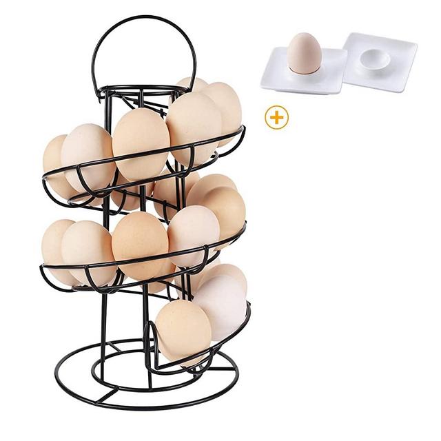 Upgrade Stable Base Metal Egg Skelter Dispenser Rack with 2 Porcelain Egg Cup Holders, Spiral Design Double Base Storage Display Holder Basket for Countertop Kitchen, Black