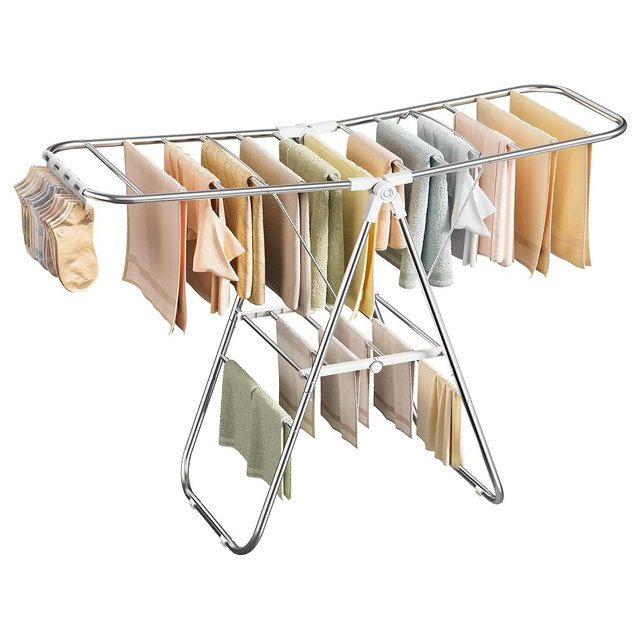 SONGMICS Clothes Drying Rack, Foldable Laundry Drying Rack, Sock Clips, Metal Clothes Airer with Height-Adjustable Gullwings, Space-Saving, Indoor Outdoor, 17 x 51.2 x 39 Inches, White ULLR505EW01