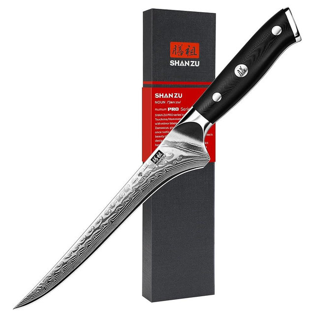 SHAN ZU 7 Inch Fillet Knife, Japanese Steel Damascus Boning Knife, Professional Fish Knife Sharp High Carbon Super Steel Kitchen Utility Knife with Ergonomic G10 Glass Fiber Handle