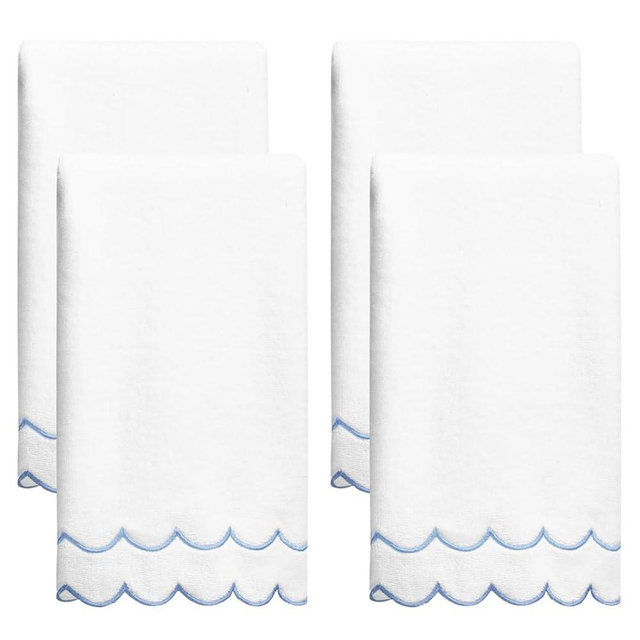 laoyuandamai 4 Pcs100% Cotton Hand Towels for Bathroom，15.75 x 27.56 Inch Scalloped Hand Towels Embroidered Decorative 500 GSM Soft Absorbent Bath Towel for Bathroom Hotel Spa Sport Yoga (Blue)