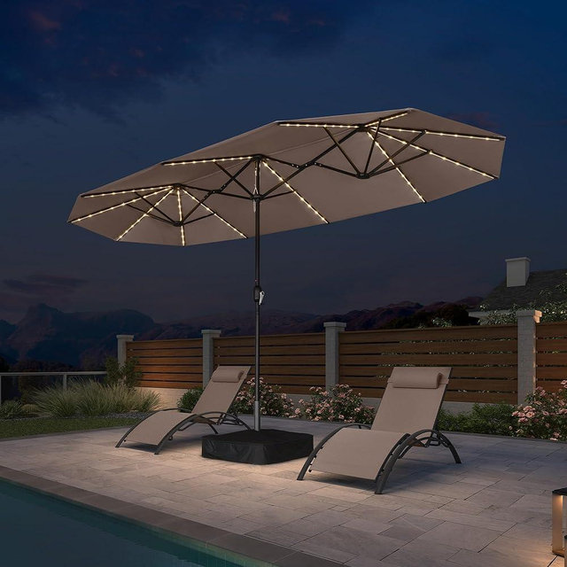 PURPLE LEAF 13ft Patio Market Umbrella with Solar Lights and Base Double-Sided Rectangle Outdoor Table Sun Umbrellas with Crank for Pool Beach Deck Backyard Taupe