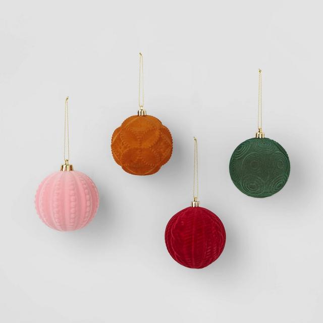 4ct Flocked Round Christmas Ornament Set Pink/Red/Orange - Wondershop™