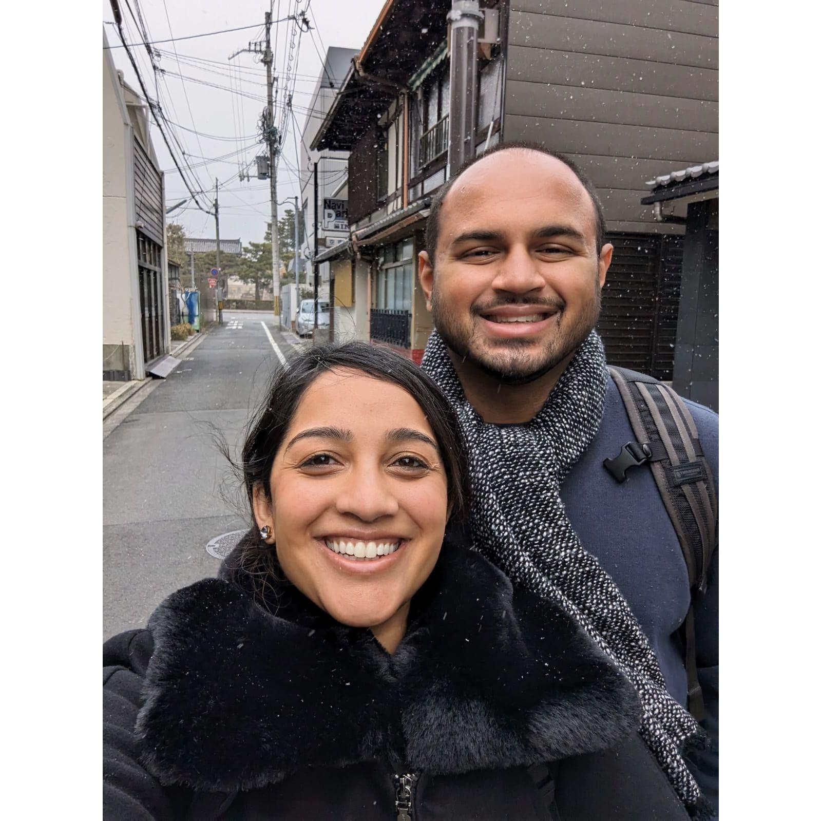 Seeing our first snowfall in Japan!