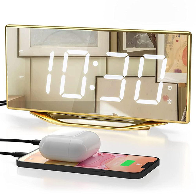 Digital Clocks, 8.7" LED Mirror Alarm Clocks for Bedrooms with 2 USB Charger Ports,Dual Alarms,7 Levels Brightness & Volume,Snooze,12/24H, Loud Beside Desk Clock for Living Room Office Heavy Sleepers