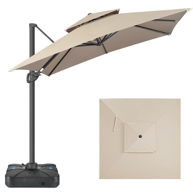 FLAME&SHADE 8.2 X 8.2 FT Square Cantilever Patio Umbrella - Large Offset Umbrella Outdoor Patio with 360-Degree Rotation and 3-Year Fade Resistance Fabric for Deck Pool Backyard Garden, Taupe