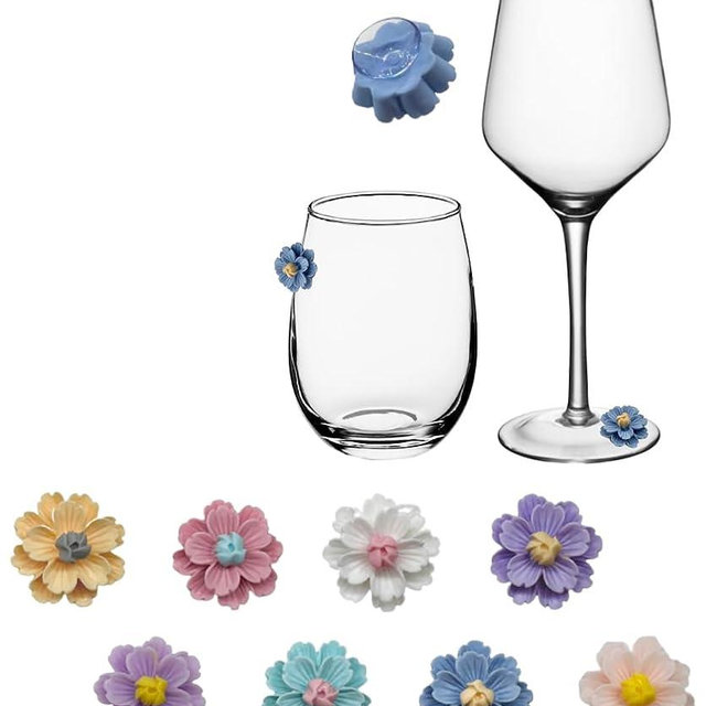 Fount & Haven Wine Glass Charms - 8 Pack Flower Suction Wine Charms For Stem Glasses - Resin Wine Glass Markers - Drink Markers For Glasses Set - Wine Markers For Glasses - Wine Glass Markers Washable