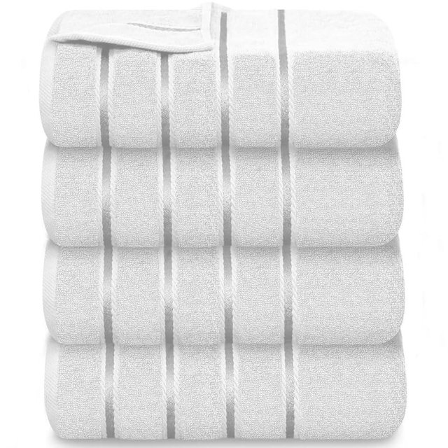YRALY Luxury Bath Towels Set of 4, 27x54 Inches 600GSM 100% Cotton Ring Spun – Hotel Quality, Highly Absorbent - Viscose Stripe Bath Towel Sets (White)