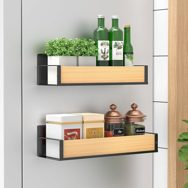 HuggieGems 2 Pack Magnetic Spice Storage Rack Organizer for Refrigerator and Oven, Wood Fridge Organizers and Storage