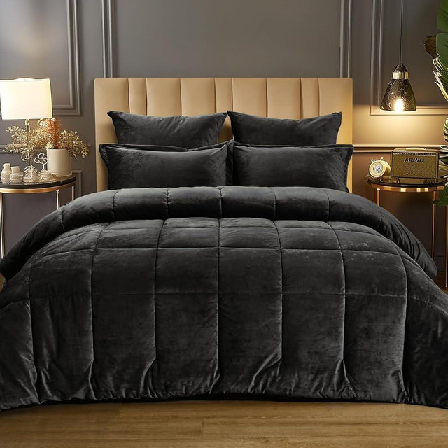 PHF Velvet Comforter Set King Size, 5 Piece Soft Luxury Textured Bedding Comforter Sets, Fluffy Breathable Bed in A Bag Including 1 Comforter, 2 Pillow Shams, 2 Euro Shams for Home Decor, Black