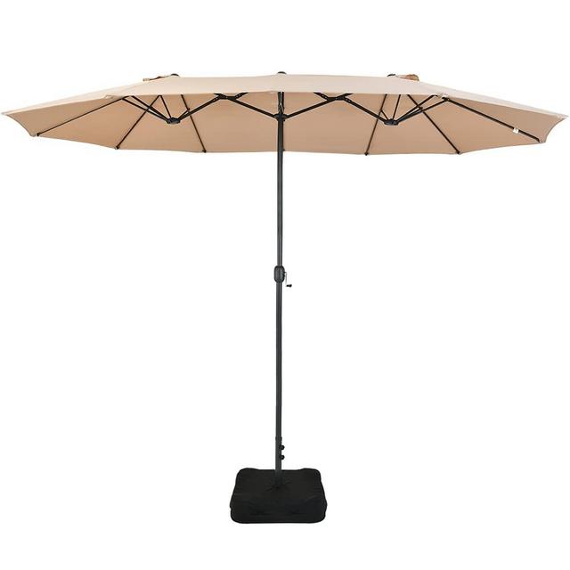 Patio Watcher 15 Ft Patio Double Sided Umbrella with Base, Extra Large Twin Outdoor Market Patio Table Umbrella with Crank and Base, Khaki