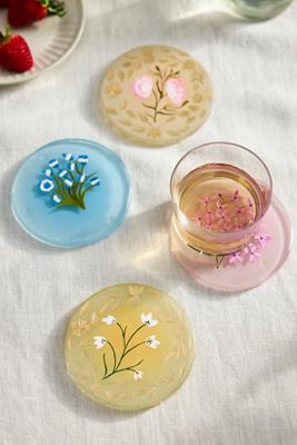 Painted Floral Glass Coasters, Set of 4