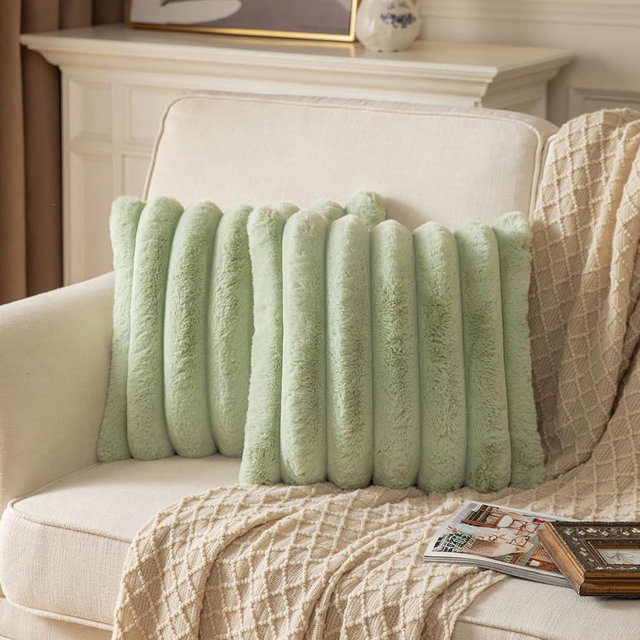 Yaertun Sage Green Striped Decorative Throw Pillow Covers 16x16 Inch Set of 2 Plush Soft Pillowcase with Velvet Back Faux Rabbit Fur Cushion Covers Sofa Couch Bed Livingroom