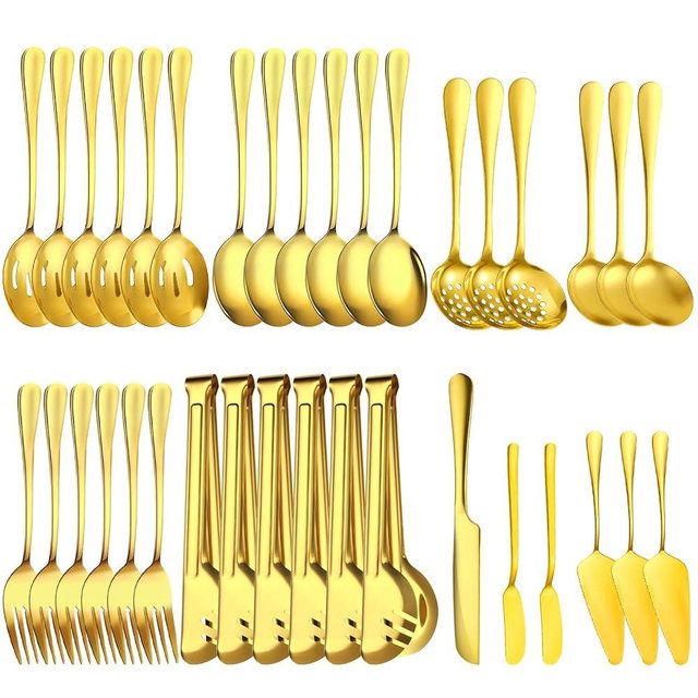ZLMTZDJD 36-Piece Stainless Steel Serving Utensil Set – Complete Buffet Essentials with Spoons, Forks, Tongs, Ladle & More. Perfect for Wedding, Holiday, Catering, and Family Gatherings(Gold)