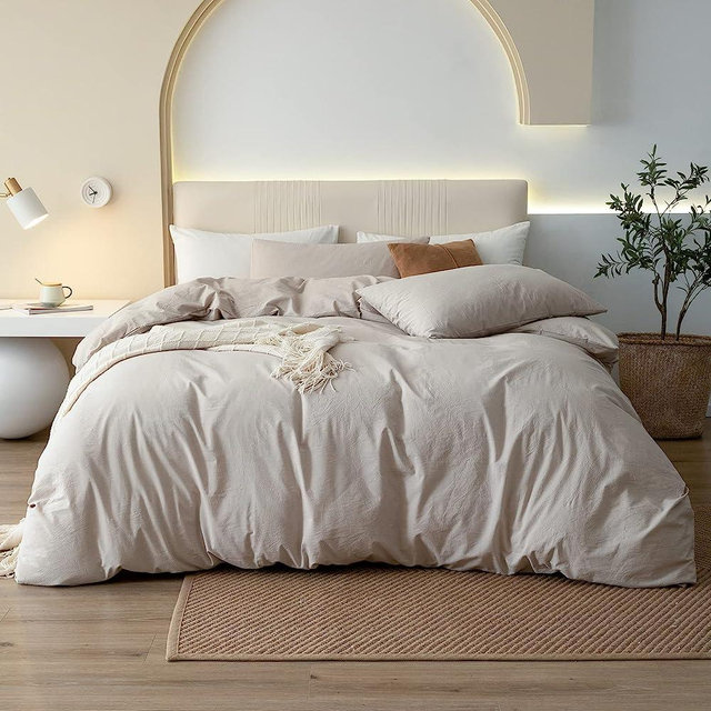 JIYUAN 100% Washed Cotton Duvet Cover Set Comfy Simple Style Solid Color Soft Breathable Textured Durable Linen Feel Bedding Sets for All Seasons Cal King Size, Linen