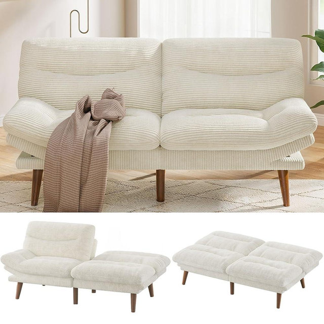 Pipishell Convertible Futon Sofa Bed,66" Corduroy Futon Couch with Adjustable Backrest and Armrests, Recliner Sleeper Sofa for Small Spaces, Play Room or Office, White