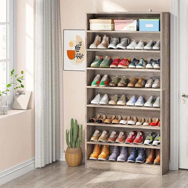 Tribesigns Tall Shoe Cabinet, 9 Tiers 40-45 Pairs Heavy Duty Wood Freestanding Shoe Storage Cabinet, 70.8'' Tall Shoe Cabinet with Open Storage for Entryway (Beige Gray)