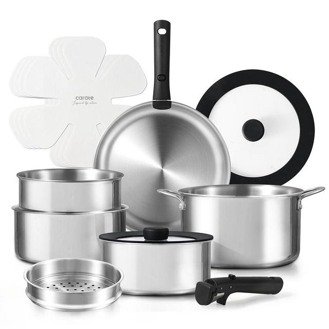 CAROTE 14pcs Pots and Pans Set, Stainless Steel Cookware Set Detachable Handle, Induction Kitchen Cookware Sets with Removable Handle, RV Cookware Set, Oven Safe, Camping Cookware, Black
