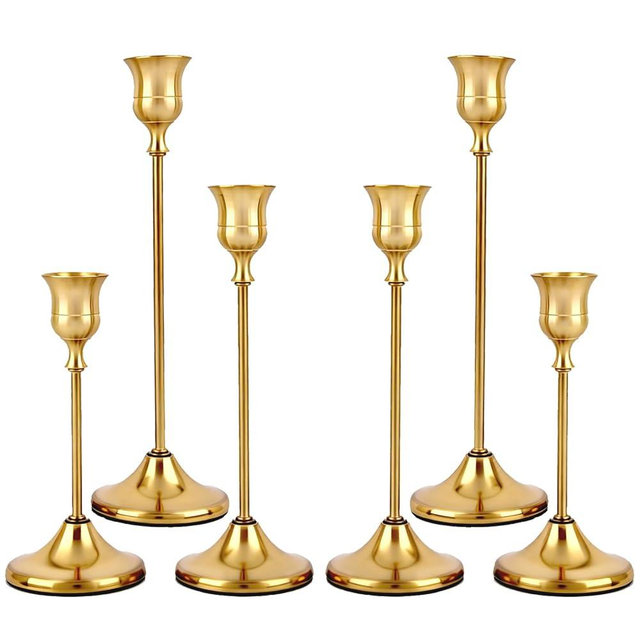 Set of 6 Gold Metal Taper Candlestick Holders Vintage Brass Home Decor for Dining Table Fireplace Mantel Wedding Christmas Thanksgiving Party Housewarming Gift with Exquisite Packaging