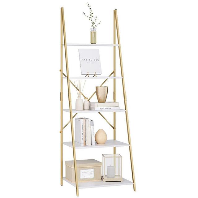 FINETONES 5-Tier Ladder Shelf, Free Standing A-Shape Display Bookcase, Storage Organizer Unit with Metal Frame, Flower Stand Plant Rack for Living Room, Kitchen, Bathroom, Home Office, White/Gold