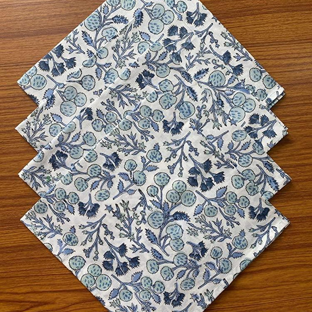 Ridhi Home Kitchen Linen 100% Cotton Cloth Dinner Napkins Handmade Floral Block Print- Soft Designer Napkins (Denim Blue)