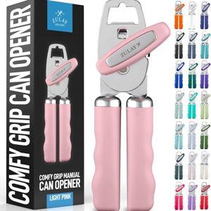 Zulay Kitchen Heavy Duty Stainless Steel Can Opener Manual with Bottle Opener - Rust Proof Manual Can Opener With Turn Knob & Comfy Soft Grip Handles - Light Pink