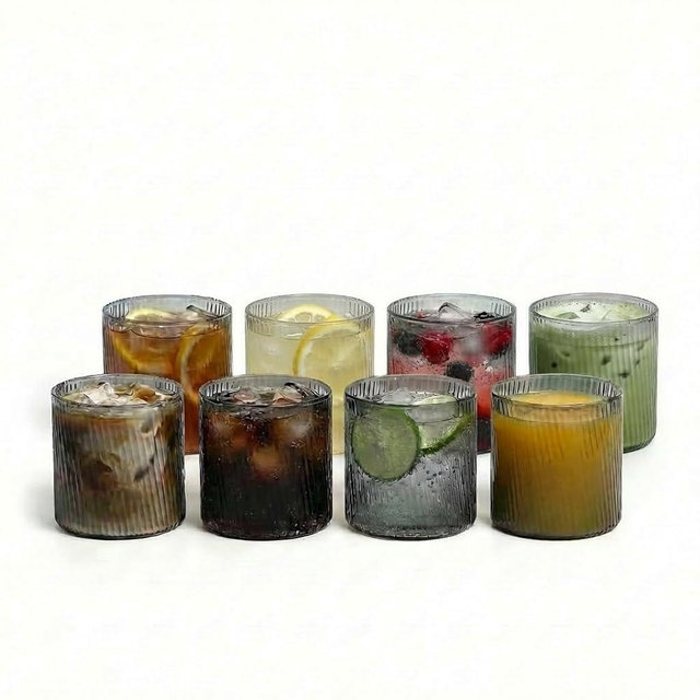 Stone Lain Haven Ribbed Drinking Glasses Set of 8 – 13 oz Grey Textured Tumbler Rocks Glasses – Modern Short Glassware