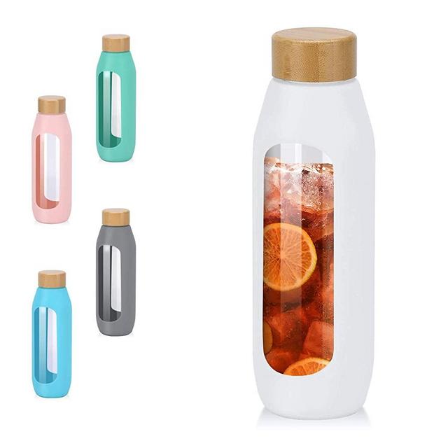 Kodrine 20oz Glass Bottles with Sleeve Silicone Sleeve，Bamboo Lid Leak Proof Durable Glass Water Tumbler, Eco Friendly & BPA Free - Reusable White